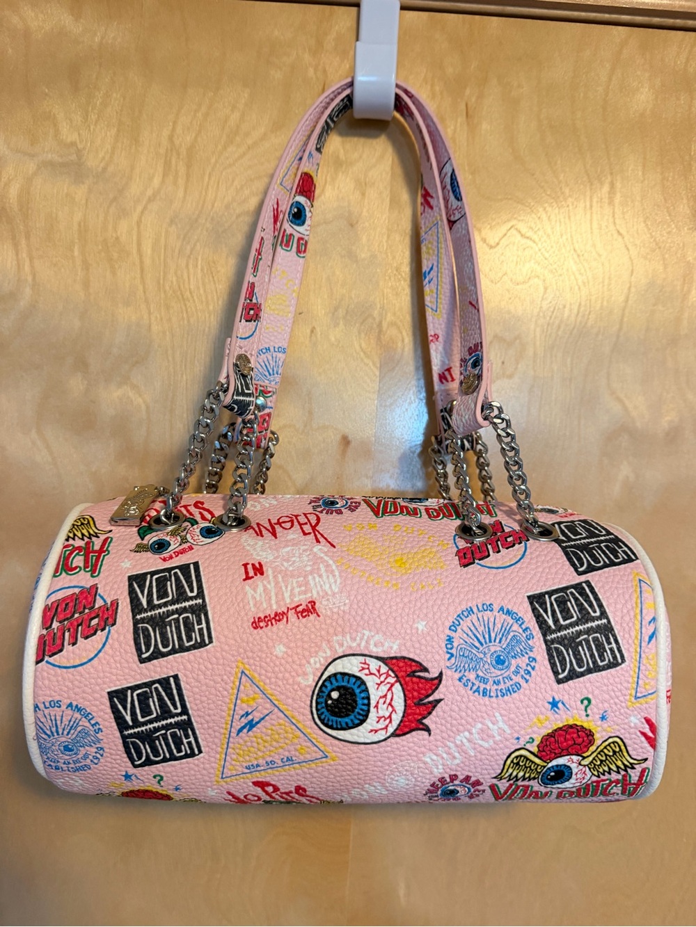 Von Dutch Pink Graphic Barrel Bag with Chain Handles - NEW